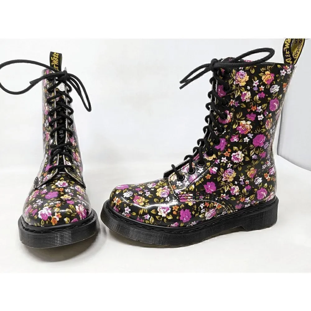 DR. MARTENS SIMONE 10 HOLE BLACK PINK ROSES FLORAL LEATHER SIZE 6 US NO INSOLE